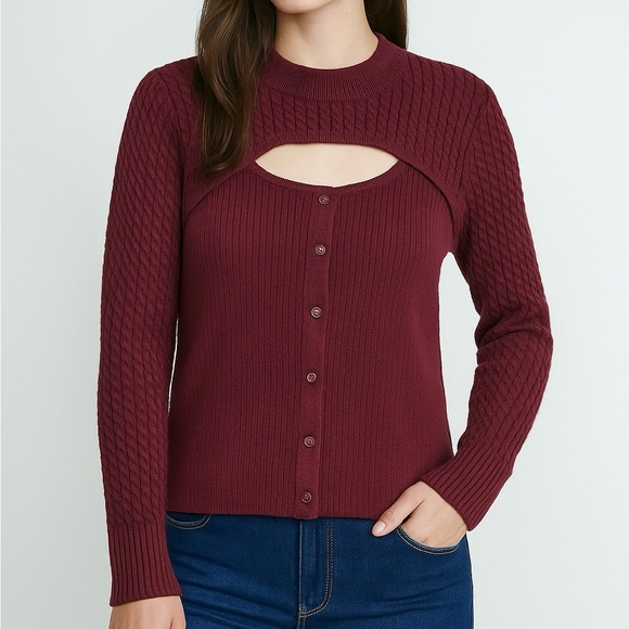 Design History XXL Sweater Cutout Cardigan Sangria Purple Cable Knit L/S NWT - Picture 1 of 9